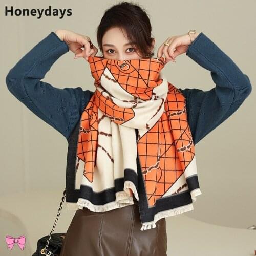 Winter Cashmere Scarf Chain Print Design Warm Pashmina Blanket Scarves Luxury Brand Women Thick Shawls Female Decoration Bufanda