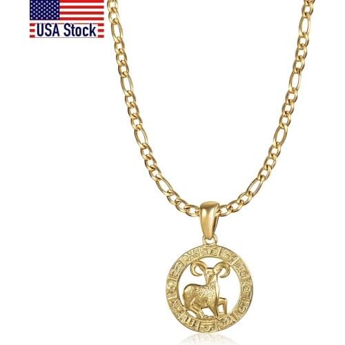 Zodiac Sign Necklace For Women Men Round Constellations Pendant Gold Tone Stainless Steel Figaro Link Chains Dropshipping