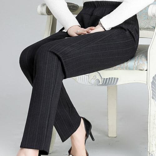 2021 Women Autumn Winter Middle Aged Casual Thick Warm Straight Pants Female slim Loose Striped Elastic High Waist Trousers K516