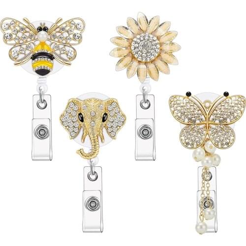 4 Pieces Rhinestone Retractable Badge Reel Cute Animal Name ID Badge Reel Clip for Volunteer Nurse Teacher