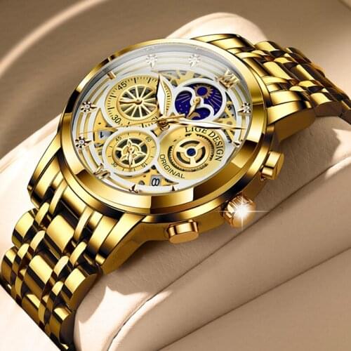 2021 LIGE Mens Watches Gold Chronograph Quartz Wrist Watch Top Brand Luxury Watch for Men Stainless Waterproof Relogio Masculino