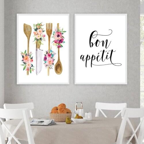Bon Appetite Quote Art Prints French Kitchen Wall Decor ,Watercolor Floral Kitchen Wooden Utensil Poster Canvas Painting Picture
