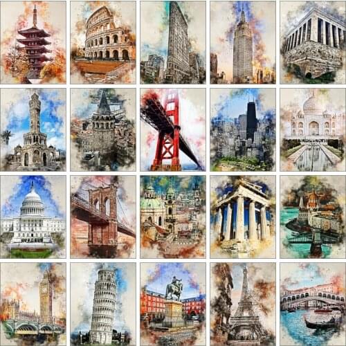 AZQSD City Oil Painting By Numbers Scenery On Canvas With Frame Handmade Drawing Paints For Adults Tower Coloring By Number