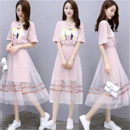 2019 Summer Gauze Skirt Suits Women New Graffiti Printing T-shirt & Pink/ blue Mesh Skirts Set Girl Students Two - Piece Suit