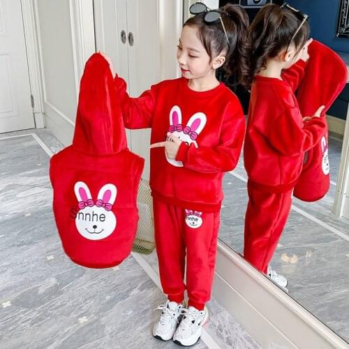 Girls' 3 piece/set cartoon rabbit hooded suit for middle school children 2020 Winter clothing new sport three-piece suit