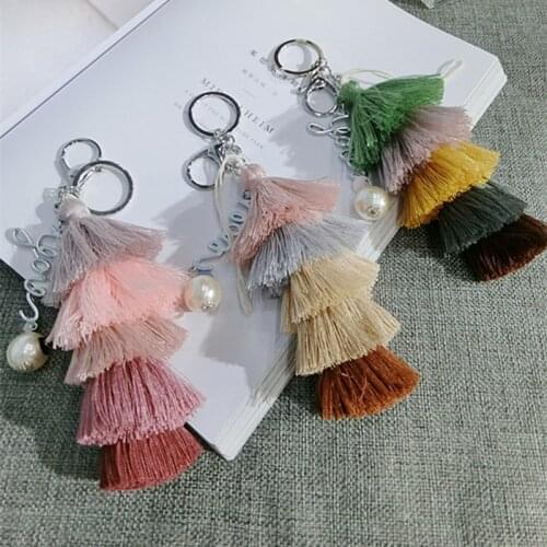 Fashion Rainbow Color Cotton Thread Tassel Keychain Bag Pendant Key Chain Automobile Pendant Keyring Accessories