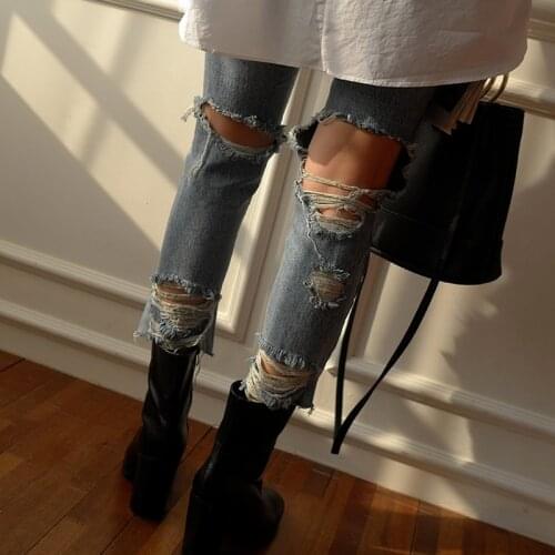 Streetwear Fashion High-waisted Ripped Jeans for Women Irregular Super Stretchy Jeans Pantalones De Mujer Cintura Alta