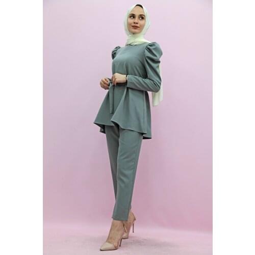 Muslim Women Hijap Dubai Balloon Sleeve Hijab Suit Grey