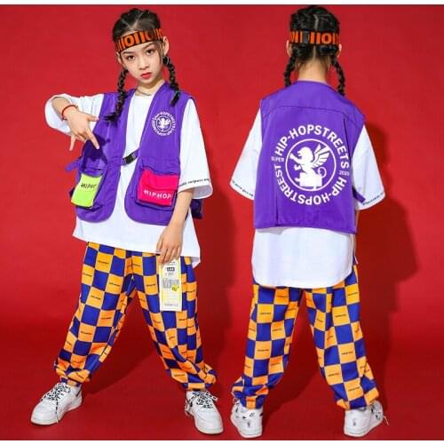 New Hip-Hop Dance Costume Kids Short Sleeved Plaid Pants Jazz Performance Costumes Street Dance Outfits Stage Costumes SL4718