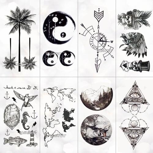 Waterproof World Map Temporary Tattoo Sticker Women Coconut tree planet pattern Body Art New Design Fake Men Tattoos