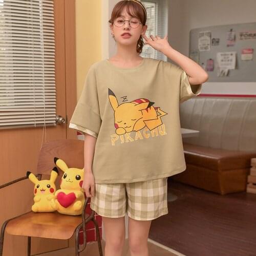 Pikachu Pokemon Pajamas for Women Cotton Cartoon Womens Sleepwear Summer Short-sleeved Shorts Round Neck Suit Thin Nightgown