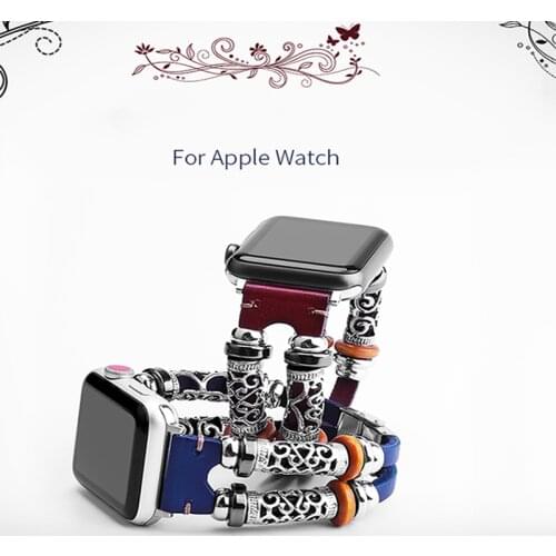 Retro Handmade Beads Real Leather Bracelet For Apple Watch Strap 38mm 40mm 42mm 44mm Cowhide Apple iWatch Series 3 4 5 6 SE Band