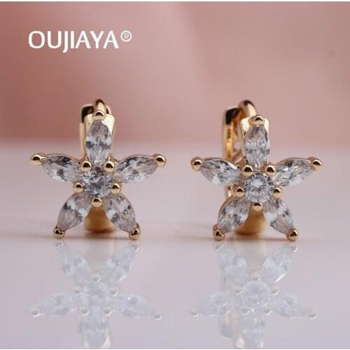 OUJIAYA Luxury 585 Gold round Drop earrings White flowers Natural Zircon Women Dangle Earrings Wedding Party Fine JewelryA126