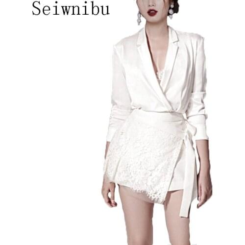 Seiwnibu Spring Women 2 Piece Set 2020 Runway White Sexy Silk Turn Down Collar Shirt Suits + Tie Bow Lace Mini Party Skirt Suit