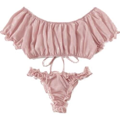 Sexy Women Lingerie Set Women Solid Pink Color V-Neck Short Sleeve Crop Top+ Underpants Set Ladies Nighties Sleepwear Set