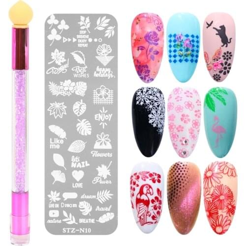 Nail Stamping Plates with Silicone Sponge Brush Set Butterfly Flower Geometry DIY Template for Nail Art Stencil Kit Tools
