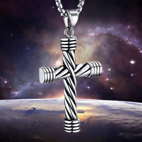 Hiphop Rock Necklace Jewelry Gifts Fashion Cross Necklace Men Vintage Double-sided Striped Cross Pendant with Chain