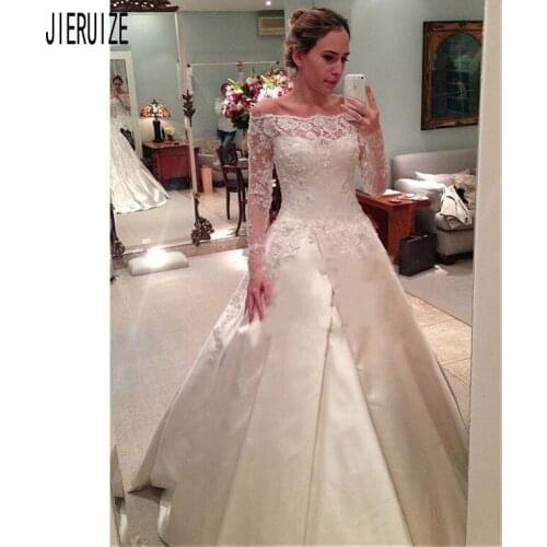 JIERUIZE Vintage Satin Wedding Dresses Boat Neck Illusion Long Sleeves Lace Appliques Beaded Zipper Back Bridal Wedding Gowns
