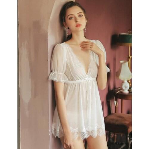 Yhotmeng sexy nightdress Women sleepwear Breathable sexy big V-neck ladies summer thin net yarn lace princess palace style short