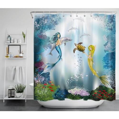 Mermaid Shower Curtain Sea Turtle Dolphin Marine Animals Teal Ocean Tropical Fishes Colorful Coral Bathroom Curtains with Hooks