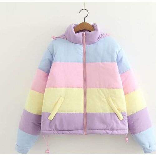 Women Winter Padded Puffer Warm Jacket Rainbow Stripes Hooded Coat Drawstring Loose Full Zip Outerwear with Pockets