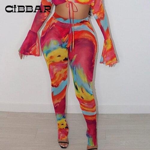 CIBBAR Tie Dye Mesh Colorful Long Pants Women High Waist Skinny Fashion Trousers Summer Female Club Wear Outfits Streetwear