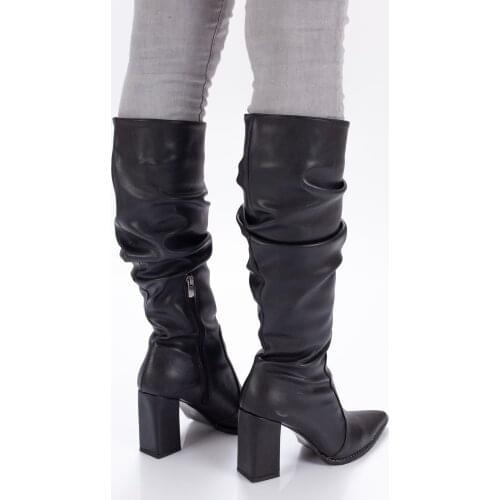 Womens black boots leather waterproof non-slip sole heels winter 7cm thick heel casual zipper