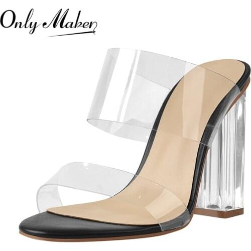 Onlymaker Summer Womens Slip-On Sandals Clear Square High Heels Soft PU Leather Crocodile Print Comfortable Wide PVC Slippers