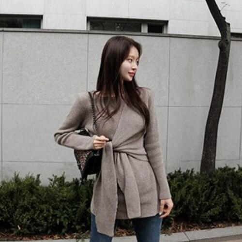 2018 Autumn Winter Sweater Women Round Neck Bandage Pullover Knit Sweater Slim Long Sleeves Women Tops Bottom Shirt Sweater