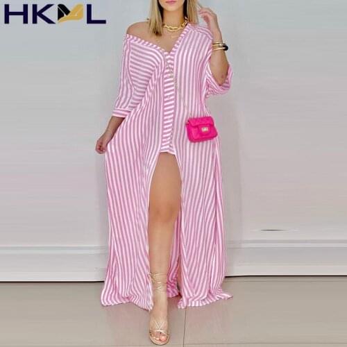 Women Casual Striped Slit V neck Sexy Maxi Dress Sexy V Neck Button Striped Long Shirt Dress 2021 Autumn Casual Long Sleeve