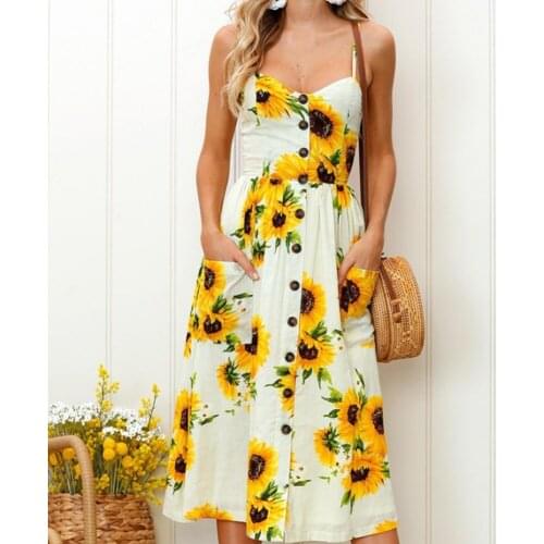 Women Summer Dress Sexy Floral Printed Spaghetti Strap Sundress Fashion Backless Pocket Sunflower Beach Dress Plus Size