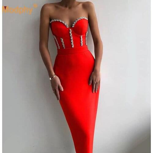Free Shipping Sexy Strapless Beaded Bandage Dress WomenS Sleeveless Bodycon Midi Dress Club Evening Party Vestidos 2021 New