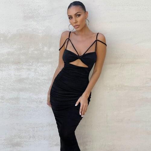 Summer Women New Black Pink Sexy Spaghetti Straps Hollow Out Slim Mid Bandage Dress Elegant Ladies Fahion Evening Party Dress