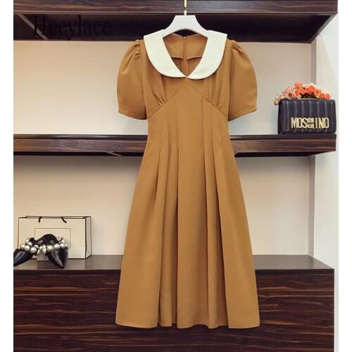 Plus size Dresses Women Vintage French high Waist Elegant Temperament Vestido Feminio Solid Patchwork Short Sleeve Vestidos 2021