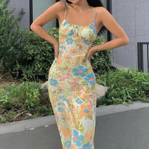 Women’s Casual Suspender Dress Elegant Party Dress Fashion Floral Print Bandage Square Collar Backless Long Dress