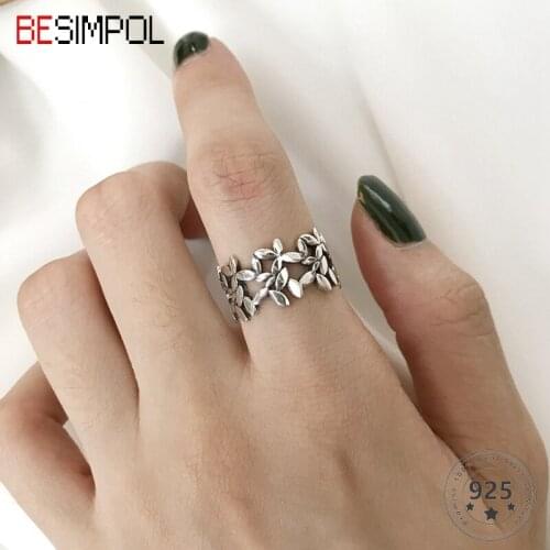 Besimpol 100% Real 925 Sterling Silver Vintage Leaves Ring Fashion Elegant Flower Open Rings For Women Luxury Fine Jewelry Gifts
