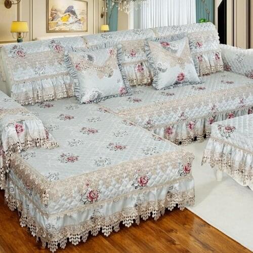 Elegant Luxury Lace Sofa Cover European Idyllic Flowers Sofa Set Pillowcase Cushion Linen Cotton Sofa Towel Non-slip Slipcover 5