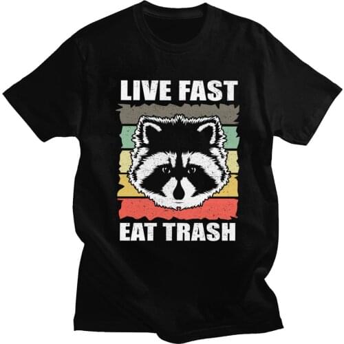 Retro Raccoons T Shirt Men Short Sleeve Casual Raccoon Live Fast Eat Trash T-Shirt Fitted 100% Cotton Tee Tops Gift Idea Apparel