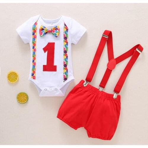 1 Year Baby Girl Clothes Infant Baby Boy Girl Cartoon Dot Print Romper Suspender Shorts Birthday Outfits Toddler Clothing