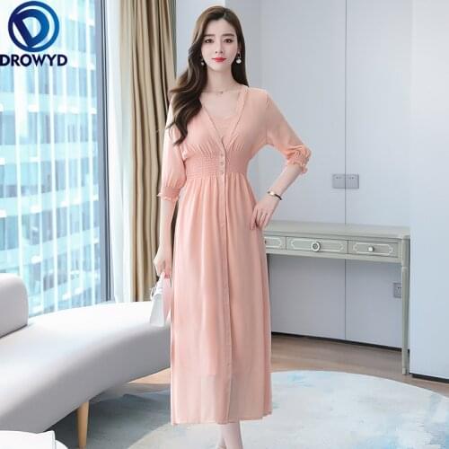 Summer Beach Pink V-Neck Maxi Dress 2021 Fashion Short Sleeve A-Line Chiffon Bodycon Elegant Big Swing Party Dresses Vestidos