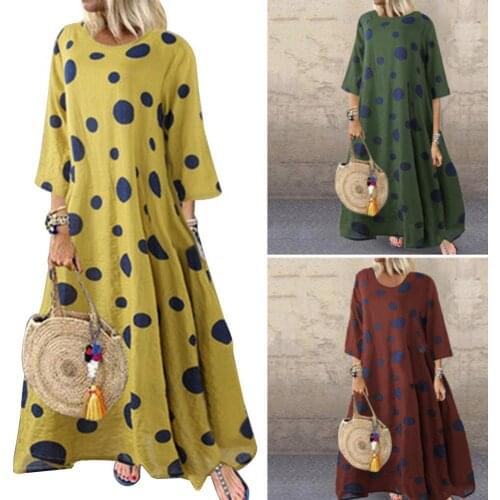 50% Hot Sales Women Polka Dot Printed 3/4 Sleeve O Neck Loose Cotton Linen Long Maxi Dress
