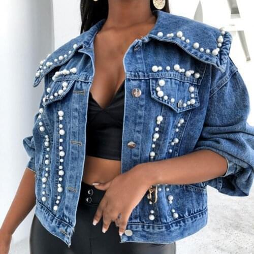 Fashion Women autumn jacket Beaded Large Lapel Women Single-breasted Long Sleeve Jeans Coat Streetwear Lady Denim Jacket Blue