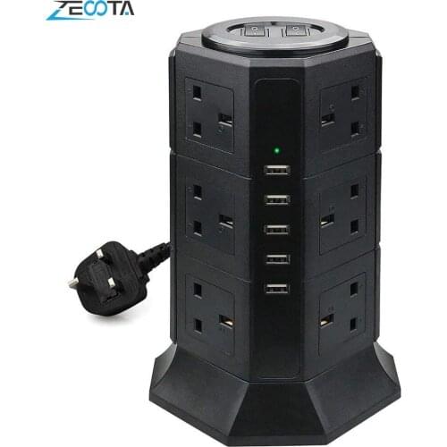 Power Strip Vertical 8/12 UK Plug Outlet Sockets with USB Charging Surge Protector 6.6ft/2m Extension Cord for Home Appliances