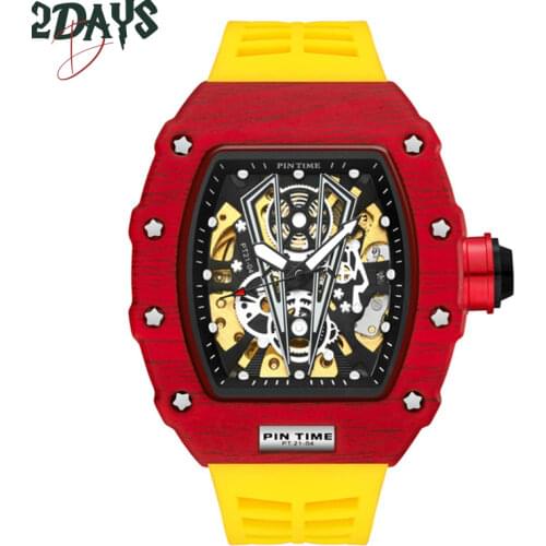 PINTIME Military Mechanical Watch for Men Automatic Self-Winding Wristwatch with Silicone Strap Steampunk Skeleton Hollow Clock