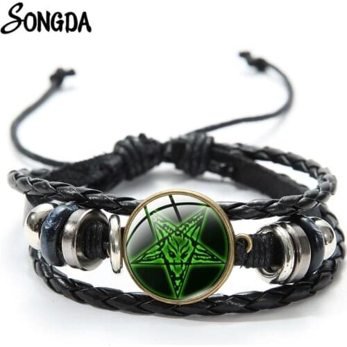 New Punk Devil Satan Goat Head Baphomet Leather Bracelet Vintage Inverted Pentagram Githic Pattern Glass Cabochon Charm Bracelet