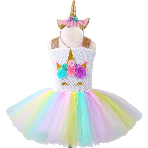 Pastel Girls Unicorn Tutu Dress Princess Tulle Flower Girl Birthday Party Dress Children Kids Pony Unicorn Costume Clothes 1-14Y
