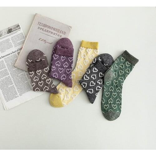 Clearance Sale Woman Socks Heart Print Japanese Style Kawaii Socks Harajuku Retro Silver Shiny Lady Girls Casual Cute Long Socks