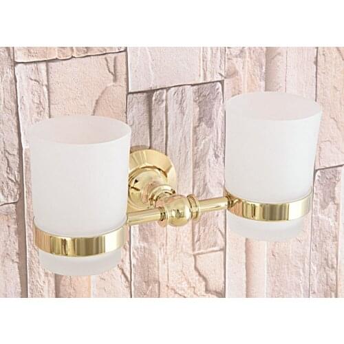 Luxury High Quality Bathroom Gold Color Brass Toothbrush Holder + Two Glasses Wall Mounted tba317