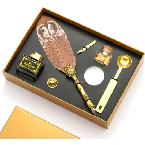 Retro Calligraphy Quill Owl Feather Dip Pen with Nib Wax Seal Stamp Gift Box