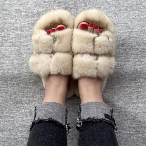 Free Shippers Real Fur Slides Women Flat Shoes Off White Mink Fur Indoor House Slides Sandals woman 2021 Mink Slippers